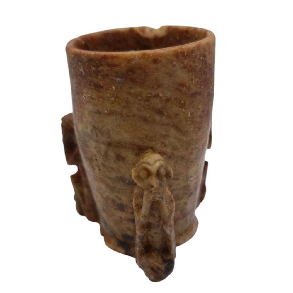 Vintage Hand-Carved Stone Cup With 3 Wise Monkeys See Hear Speak No Evil - Picture 4 of 11